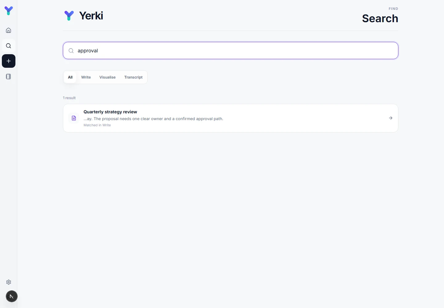 Yerki Search showing a writing match with the supporting Memory and evidence excerpt